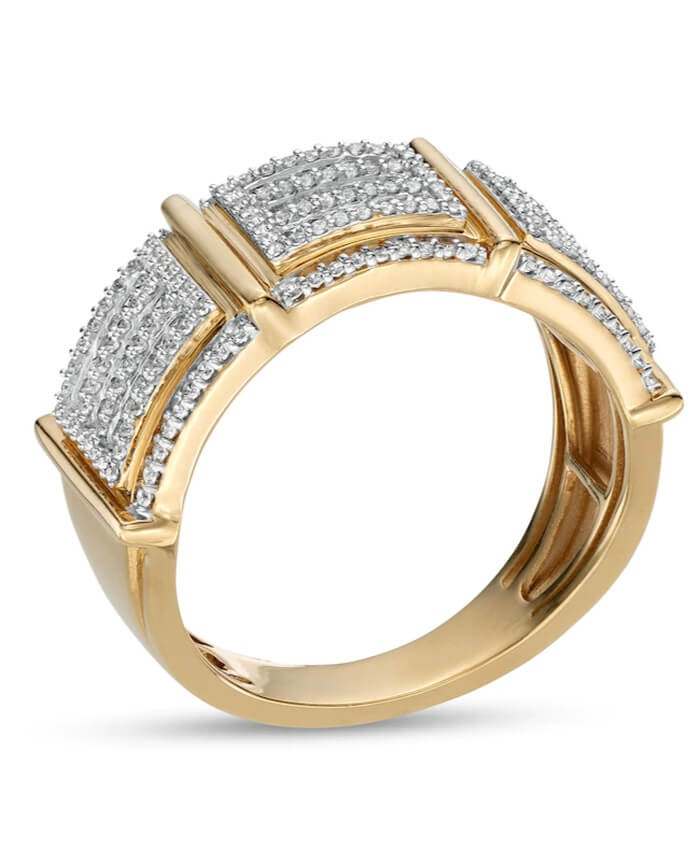 Baguette and Round Diamond Multi-Row Divided Stepped Edge Band in 10K Gold